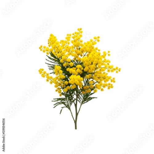 Sprig of blooming yellow mimosa flowers on white background