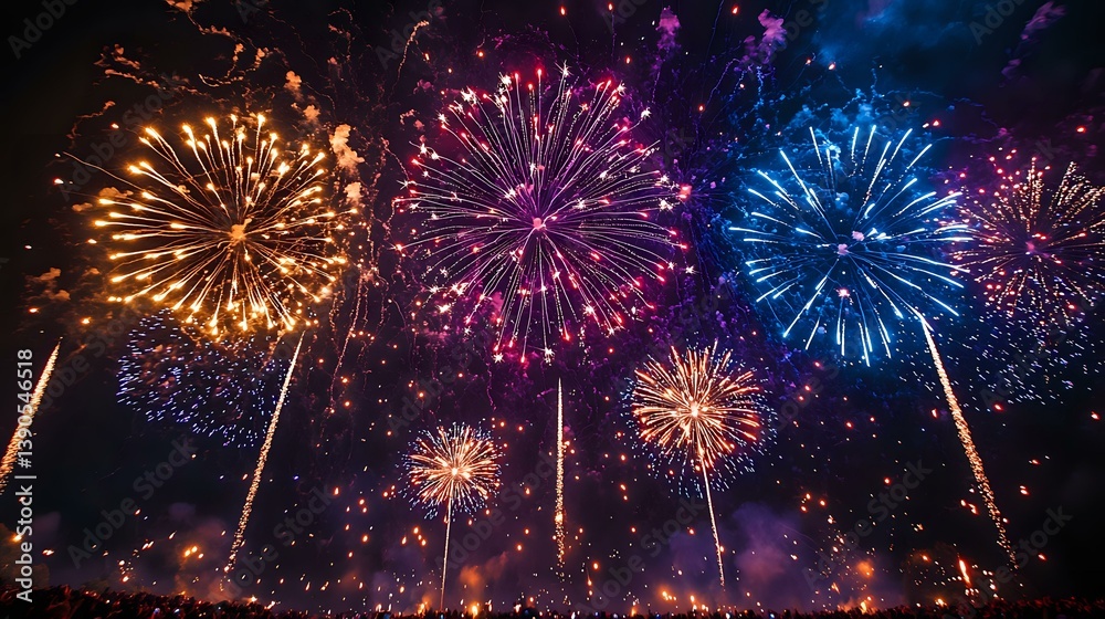 Spectacular fireworks display lighting up night sky with golden, pink and blue bursts creating magical atmosphere for celebration and holiday backgrounds.