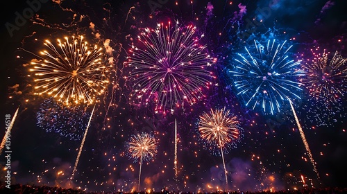 Obraz na płótnie Spectacular fireworks display lighting up night sky with golden, pink and blue bursts creating magical atmosphere for celebration and holiday backgrounds. w salonie