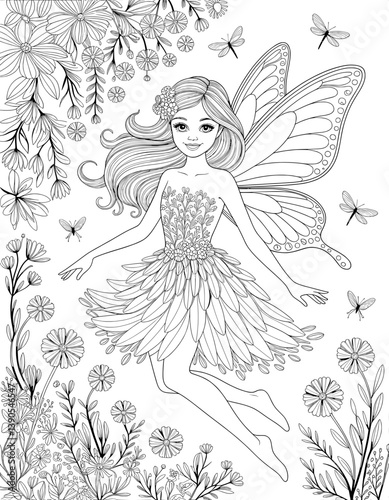 A whimsical and detailed coloring page featuring a beautiful fairy with flowing hair, intricate floral dress, and large butterfly wings