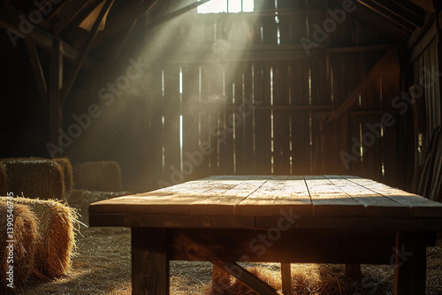 Sunlight comes into a wooden barn filled with bales of hay and empty wood table creating a warm and peaceful rural atmosphere. Agriculture, farming, animal husbandry, ecology, subsistence production.