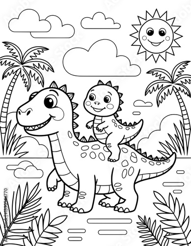 A charming black and white coloring page featuring a large dinosaur carrying a smaller one on its back