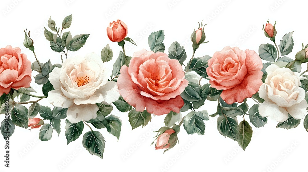 Seamless floral border with coral pink and white roses, buds and green leaves arranged in horizontal pattern on white background. Watercolor style botanical design.