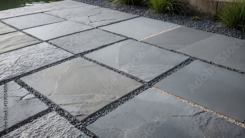 An up-close perspective of a gray stone patio displaying the rugged texture of large square tiles set in a staggered formation, revealing small pebbles in the interstices.