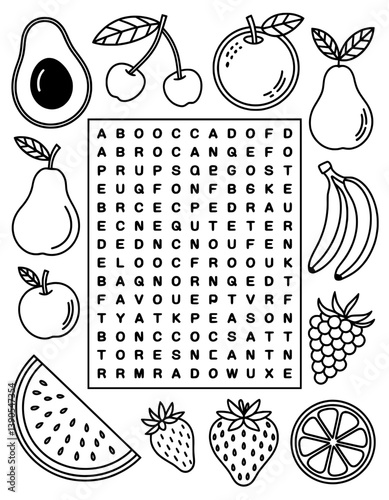 A captivating black and white word search puzzle featuring various fruits