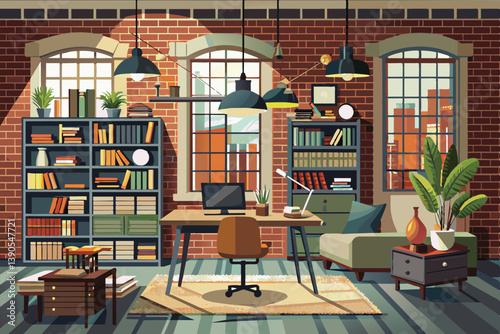 A well-designed workspace features a wooden desk, comfortable seating, bookshelves filled with books, and plants, creating a warm, productive atmosphere.