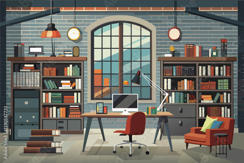 This workspace features a stylish desk with a computer, bookshelves filled with books, and a comfortable chair, illuminated by natural light through a large window.