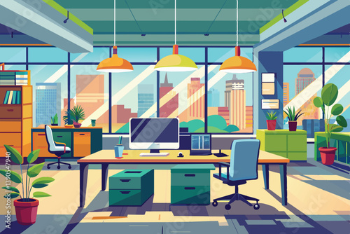 The workspace features bright, spacious design elements with plants, a large desk, and a scenic city view through expansive windows in daylight.