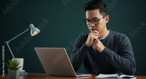 A pensive young man contemplating a project on his laptop, illuminated by a soft desk lamp in a dark, focused atmosphere.