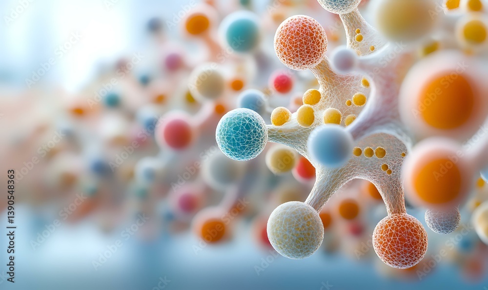 Colorful molecular structure with orange, blue and white spherical particles floating in space against blurred background, scientific concept for chemistry and biology.