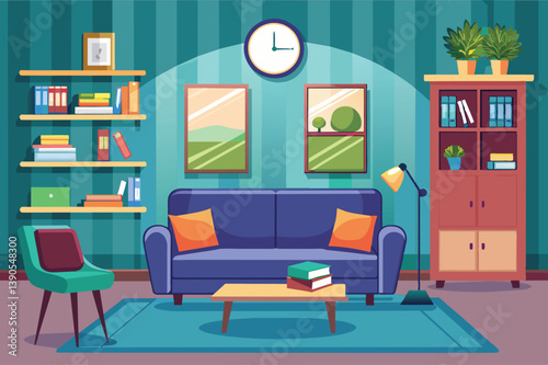 A cozy modern living room features a blue couch with orange cushions, a wooden coffee table stacked with books, and shelves filled with books and plants.