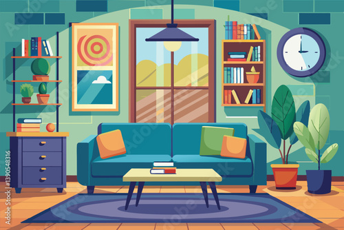 The living room features a stylish green couch with orange cushions, a coffee table, bookshelves filled with decor, and vibrant plants in sunny daylight.