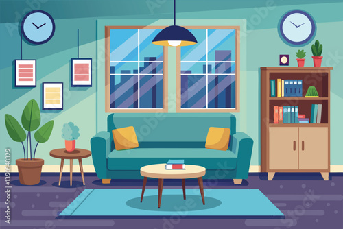This space features a comfortable teal sofa, wooden coffee table, and decorative plants, illuminated by natural light streaming through large windows.