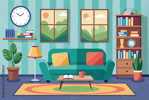 A bright and inviting living room showcases a green sofa with colorful cushions, bookshelves filled with books, and vibrant plants, creating a cozy ambiance.