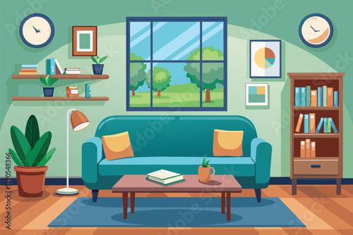 A bright living room features a green sofa adorned with pillows, bookshelves filled with literature, and a large window showcasing trees outside on a clear day.