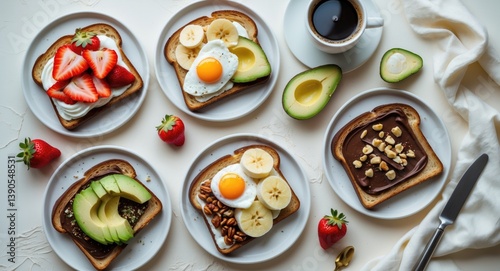 Wallpaper Mural Breakfast assortment of toasts with berries, cheese, eggs, and fruit on a soft background. Torontodigital.ca