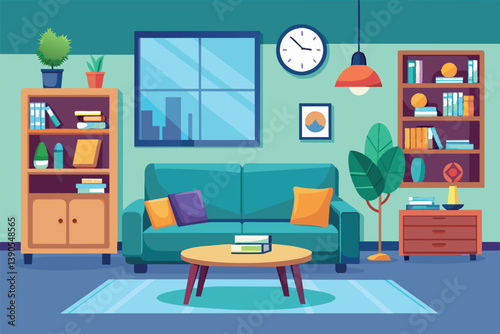 A welcoming living room showcases a green sofa with colorful cushions, wooden bookshelves filled with books, and a stylish rug, all bathed in natural light.