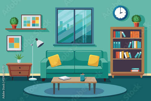 A relaxing living room features a green sofa with yellow cushions, a coffee table, a stylish lamp, and a bookshelf, all under a vibrant green wall and serene window view.