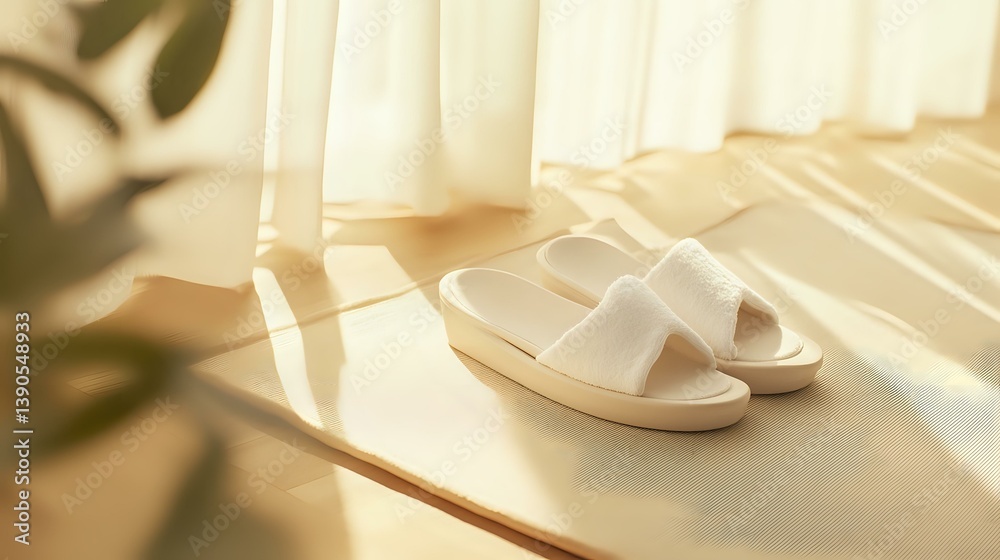 White comfortable sandals on wooden floor near window with soft natural sunlight and plant shadow creating cozy morning atmosphere. Minimalist lifestyle concept.