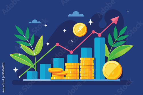 This visual represents financial progress, featuring stacked gold coins, a growing bar graph, and green plants, symbolizing prosperity and sustainable growth.