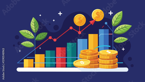 The artwork depicts vibrant bar charts and coin stacks against a dark background, illustrating financial growth while incorporating green leaves to symbolize sustainability.