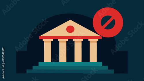 Bank Denial A vector graphic of a banking building with a large Denied stamp over it representing the impact of sanctions on international banking and finance.