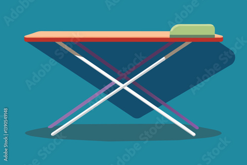 A simple ironing board stands upright against a turquoise backdrop, featuring a green cushion at one end, highlighting modern design and functionality.