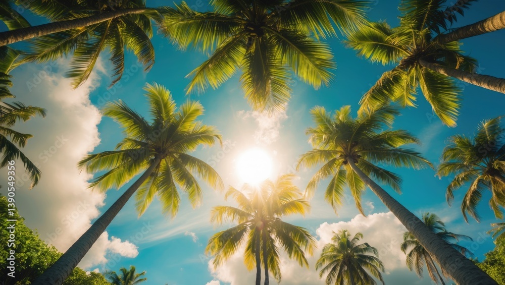 View from below of Palm trees with sunlight and clouds in the background View from below of Palm trees with sunlight and clouds in the background