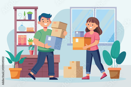 Two individuals are cheerfully moving into a new house, carrying various boxes while sorting through their belongings in a cozy living area.