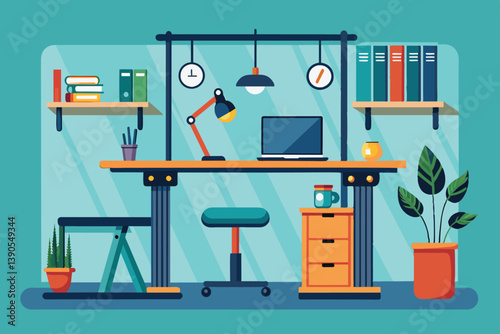 A well-organized home office features a wooden desk with a laptop, shelves filled with books, and plants, creating a vibrant and productive workspace during the day.