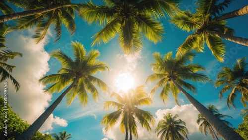 View from below of Palm trees with sunlight and clouds in the background
