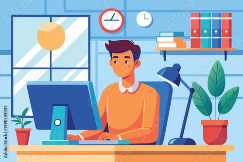 A young man sits at his desk working on a computer in a well-lit office. The space features plants and neatly arranged shelves, creating a productive atmosphere.
