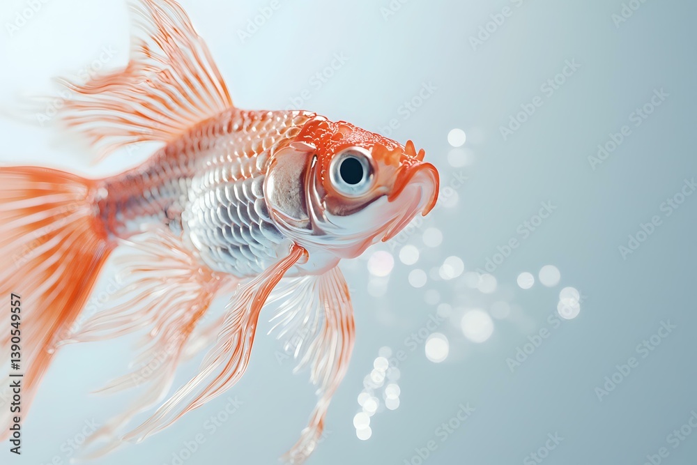 Orange and white fantail goldfish swimming with air bubbles against light blue background, close-up view showing detailed scales and flowing fins.