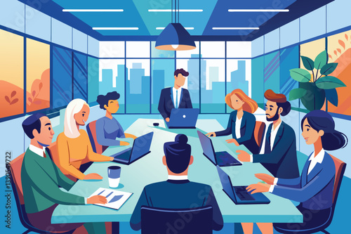 In a stylish conference room, a group of professionals engages in a collaborative meeting, using laptops to discuss strategies while enjoying a cityscape view.
