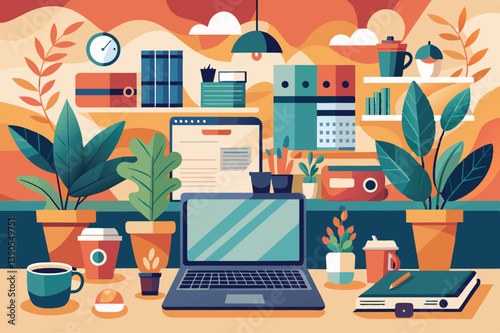 This cozy workspace features a laptop, coffee cup, and decorative plants surrounded by colorful shelves filled with supplies, creating an inviting atmosphere for productivity.