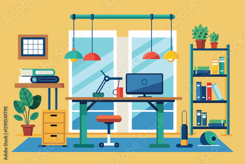 A bright home office featuring a desk with a computer and colorful pendant lights, surrounded by plants and organized shelves, creating an inviting work environment.