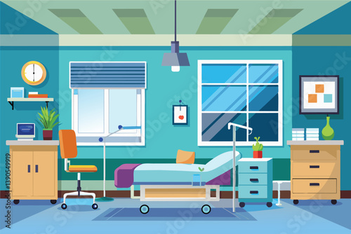 A well-lit hospital room showcases a hospital bed, medical equipment, and a cozy desk chair, providing a calm environment for patient care and recovery.