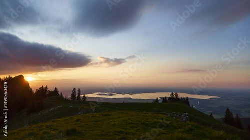 Sunset view at lake Chiemsee in Bavaria, Germany, timelapse, 4K shot