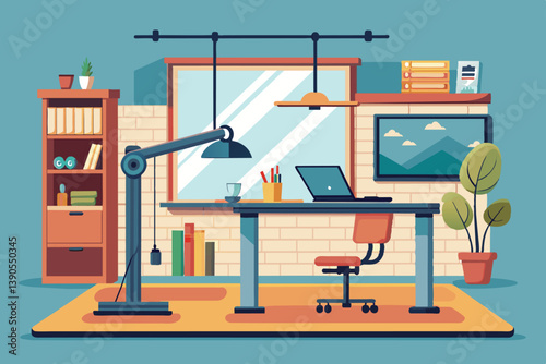 This cozy workspace features a desk with a laptop, a comfortable chair, stylish shelves, and natural light streaming through the window, enhancing creativity.