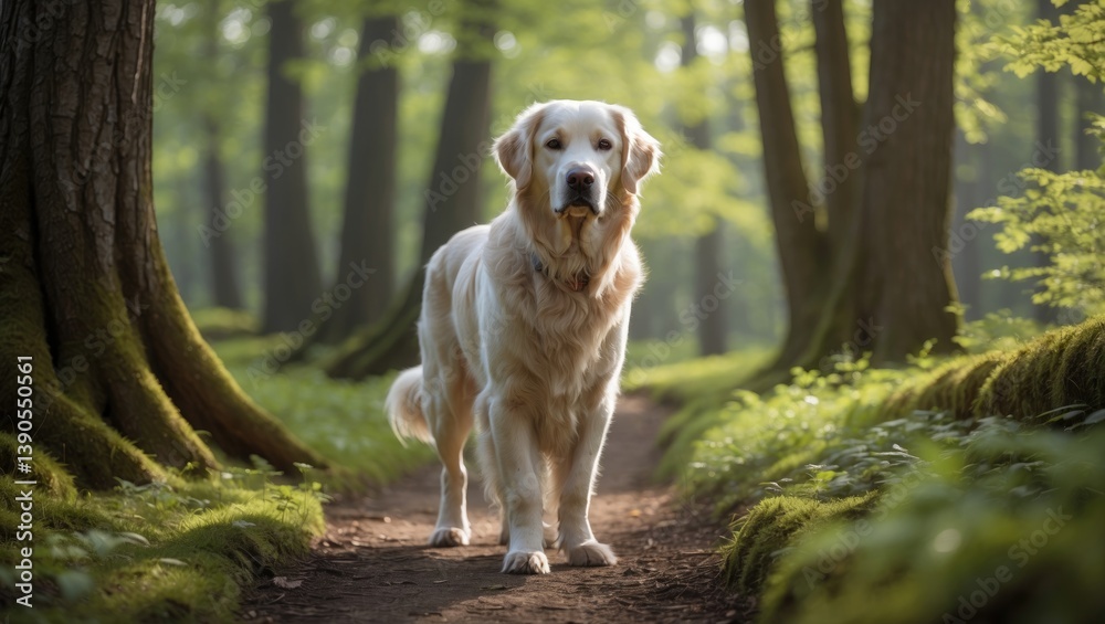 White Golden Retriever in a Spring Forest White Golden Retriever in a Spring Forest
