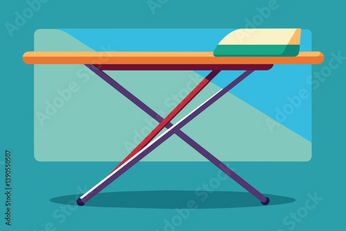 This ironing board features a vibrant design and a neatly positioned cushion, highlighting a tidy area ideal for laundry activities in a cozy home.