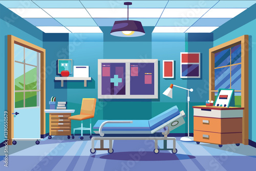 This hospital examination room features a comfortable bed, medical equipment, and cheerful blue walls, providing a welcoming atmosphere for patients and staff.