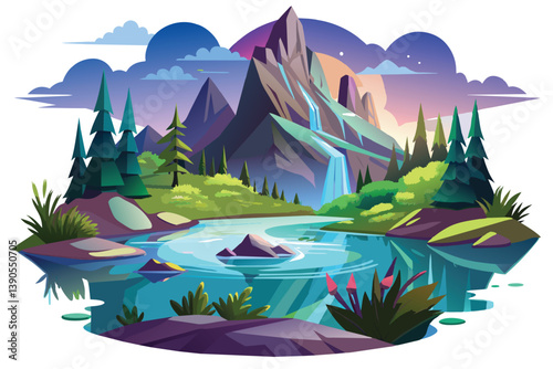 The tranquil landscape showcases a majestic mountain with a waterfall cascading into a calm body of water, framed by vibrant greenery and colorful plants at sunset.