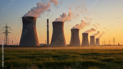 Cooling Towers Emitting Steam Under Sunrise Sky in Rural Industrial Landscape
