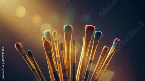 Close-Up of Colorful Paint Brushes Illuminated by Soft Golden Light with Warm Bokeh Background