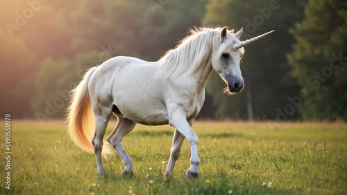 Majestic Unicorn Running Gracefully Through a Serene Meadow at Sunrise with Soft Sunlight and Natural Background