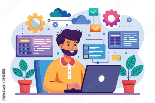 A cheerful individual is focused on their laptop, with colorful digital elements, graphs, and houseplants enhancing the vibrant workspace atmosphere.