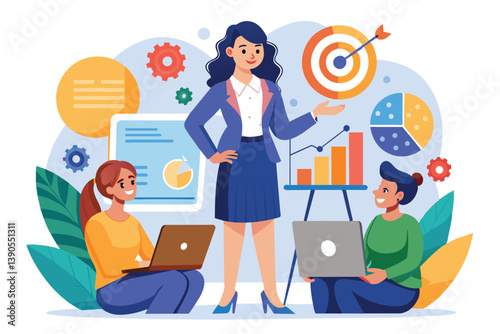 A confident businesswoman stands with one hand raised, explaining strategies to her colleagues who are engaged with their laptops in a vibrant office environment.