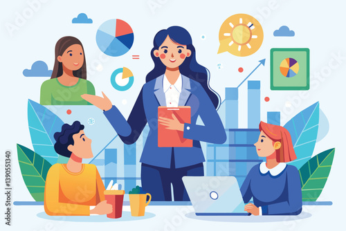 A woman stands confidently while explaining concepts to her colleagues in a vibrant office. Visual aids like charts and graphs support their discussion, creating an engaging atmosphere.
