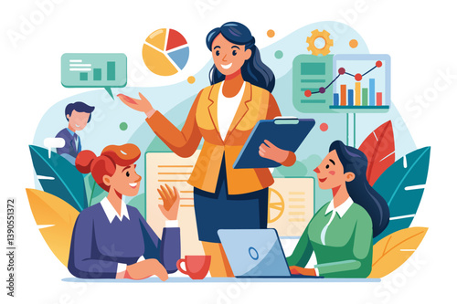 A confident businesswoman stands and presents data, while her colleagues engage in discussion and analyze charts in a contemporary office environment.